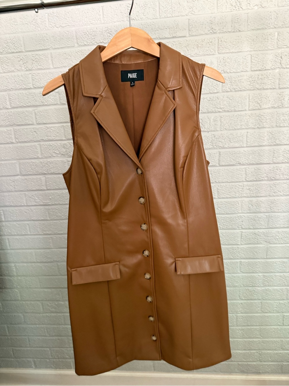 PAIGE Sleeveless Faux Leather Button-Front Vest Coat in Cognac